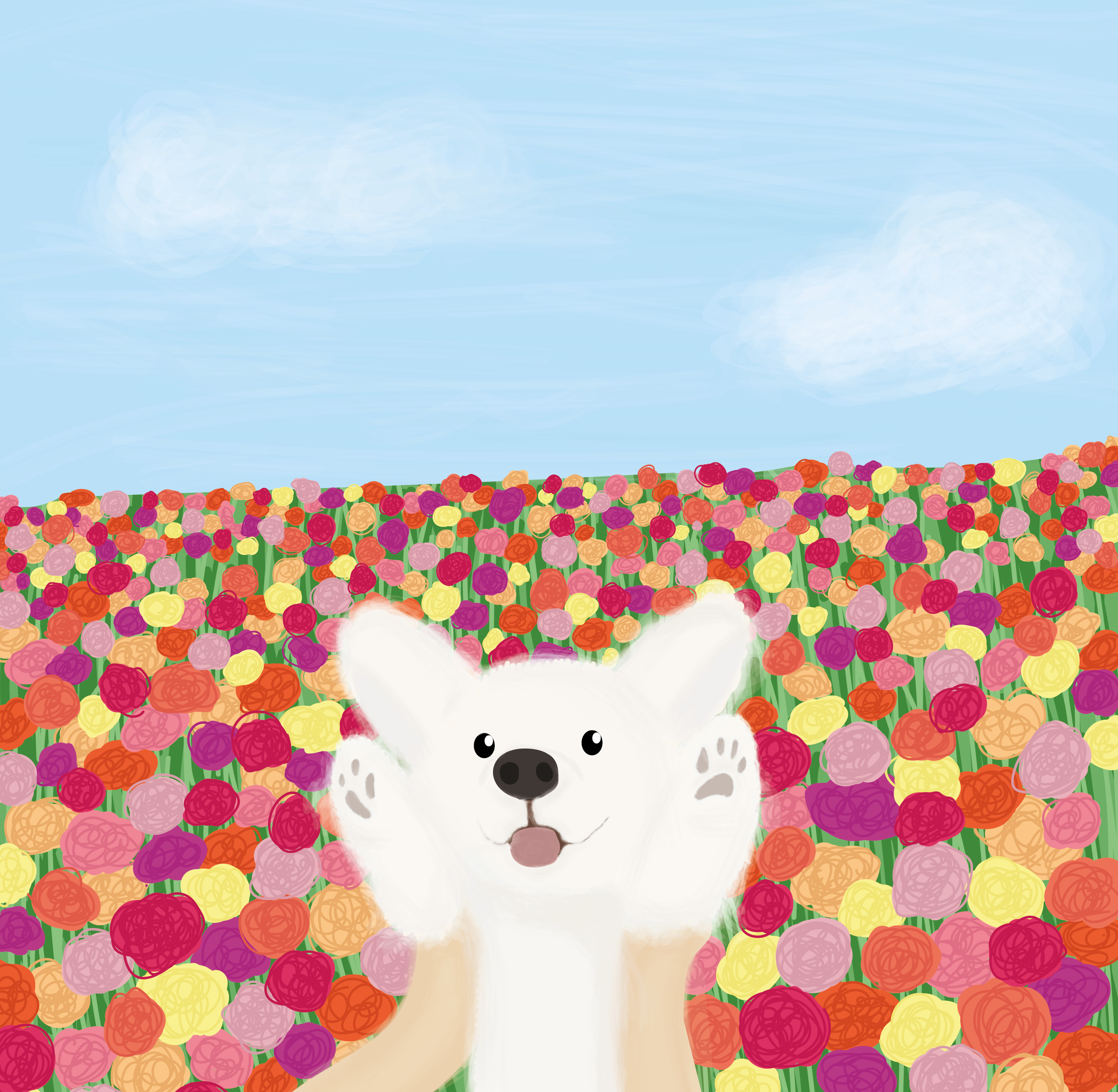 Dessin d'un chien devant un champ de fleurs