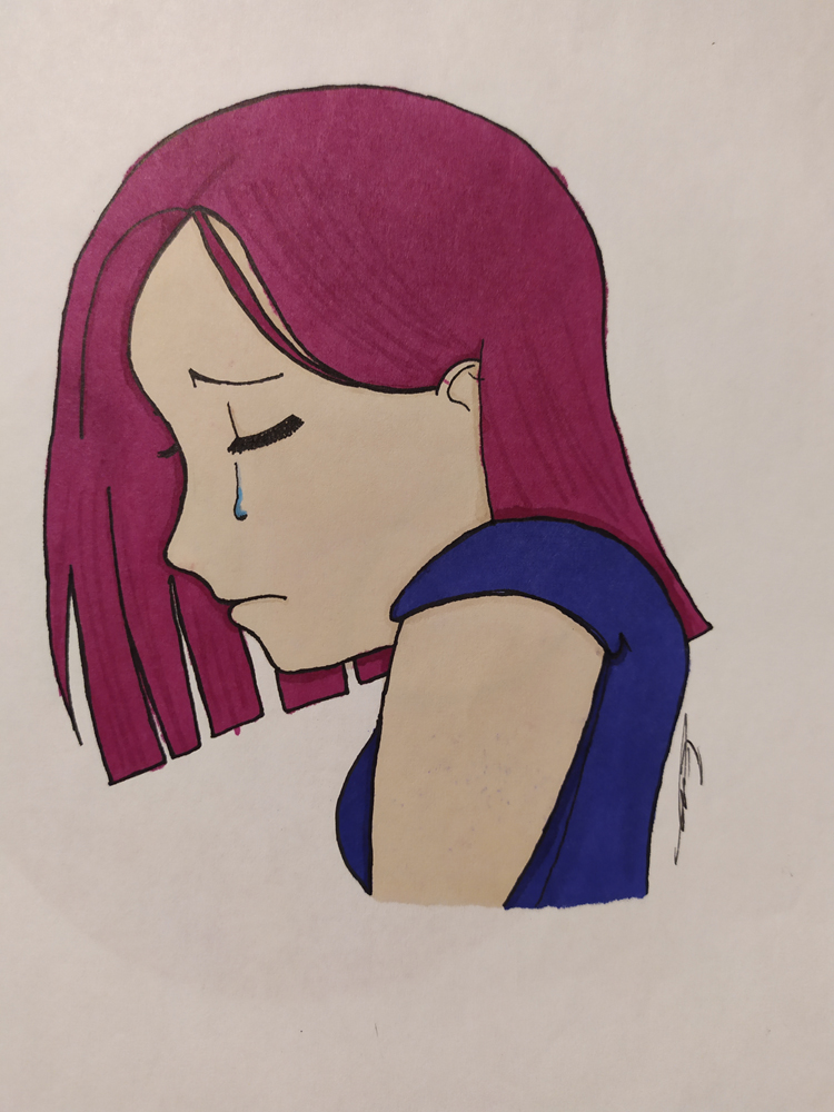 Jeune fille triste avec les cheveux violets petite